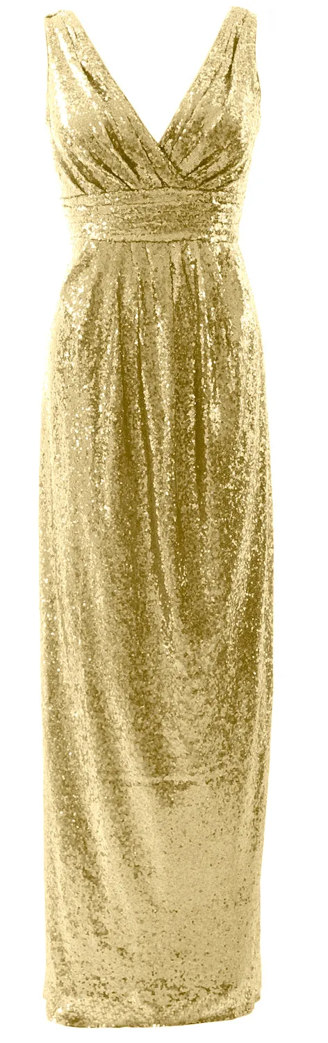 MACloth Women Bridesmaid Dresses V Neck Sleeveless Sequin Formal Evening Gown