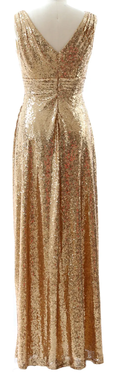 MACloth Women Bridesmaid Dresses V Neck Sleeveless Sequin Formal Evening Gown