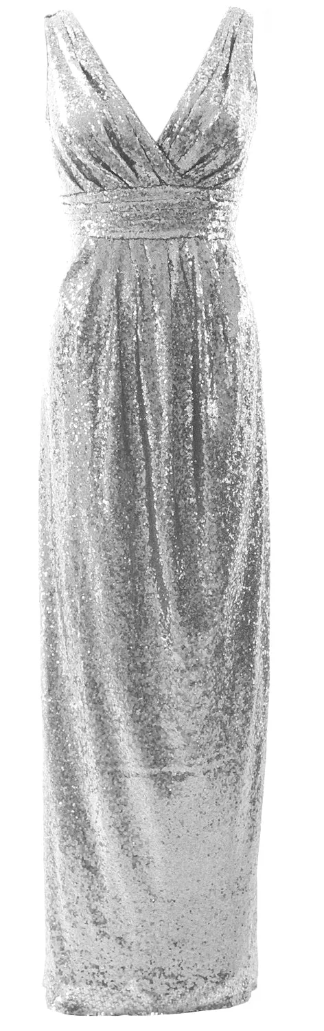 MACloth Women Bridesmaid Dresses V Neck Sleeveless Sequin Formal Evening Gown