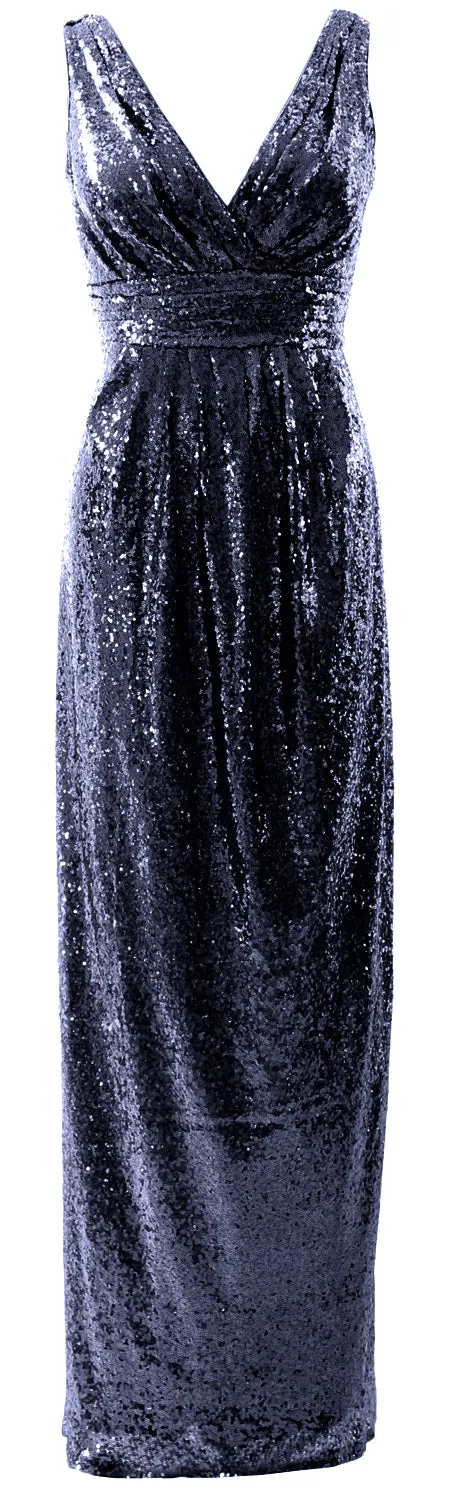 MACloth Women Bridesmaid Dresses V Neck Sleeveless Sequin Formal Evening Gown