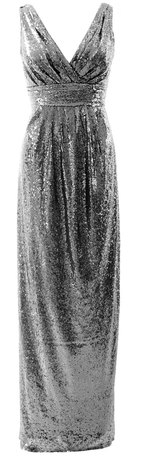 MACloth Women Bridesmaid Dresses V Neck Sleeveless Sequin Formal Evening Gown