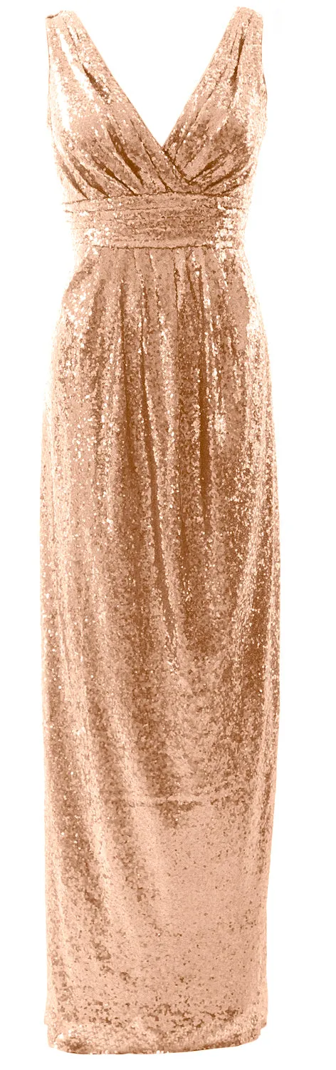 MACloth Women Bridesmaid Dresses V Neck Sleeveless Sequin Formal Evening Gown