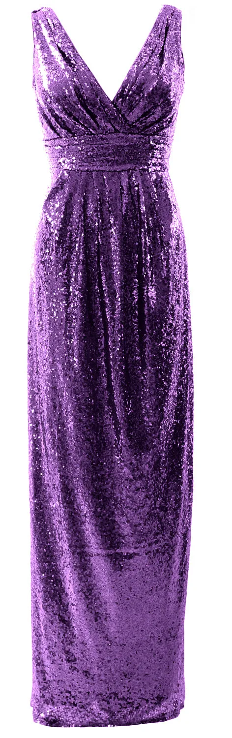 MACloth Women Bridesmaid Dresses V Neck Sleeveless Sequin Formal Evening Gown