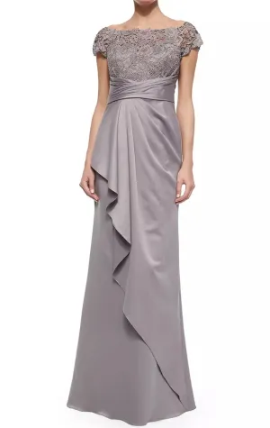 MACloth Women Cap Sleeves Lace Chiffon Long Evening Gown Silver Mother of the Brides Dress