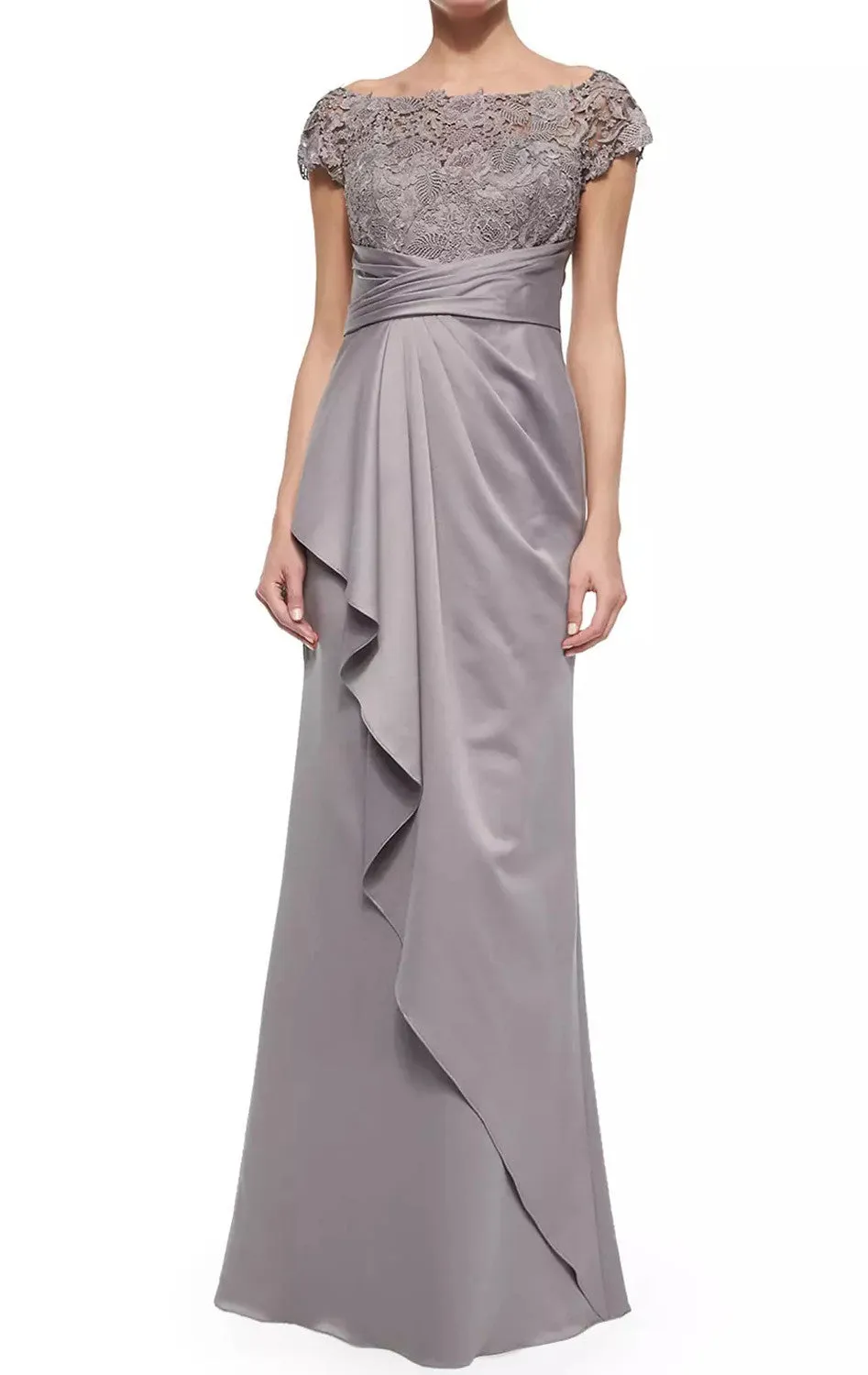 MACloth Women Cap Sleeves Lace Chiffon Long Evening Gown Silver Mother of the Brides Dress