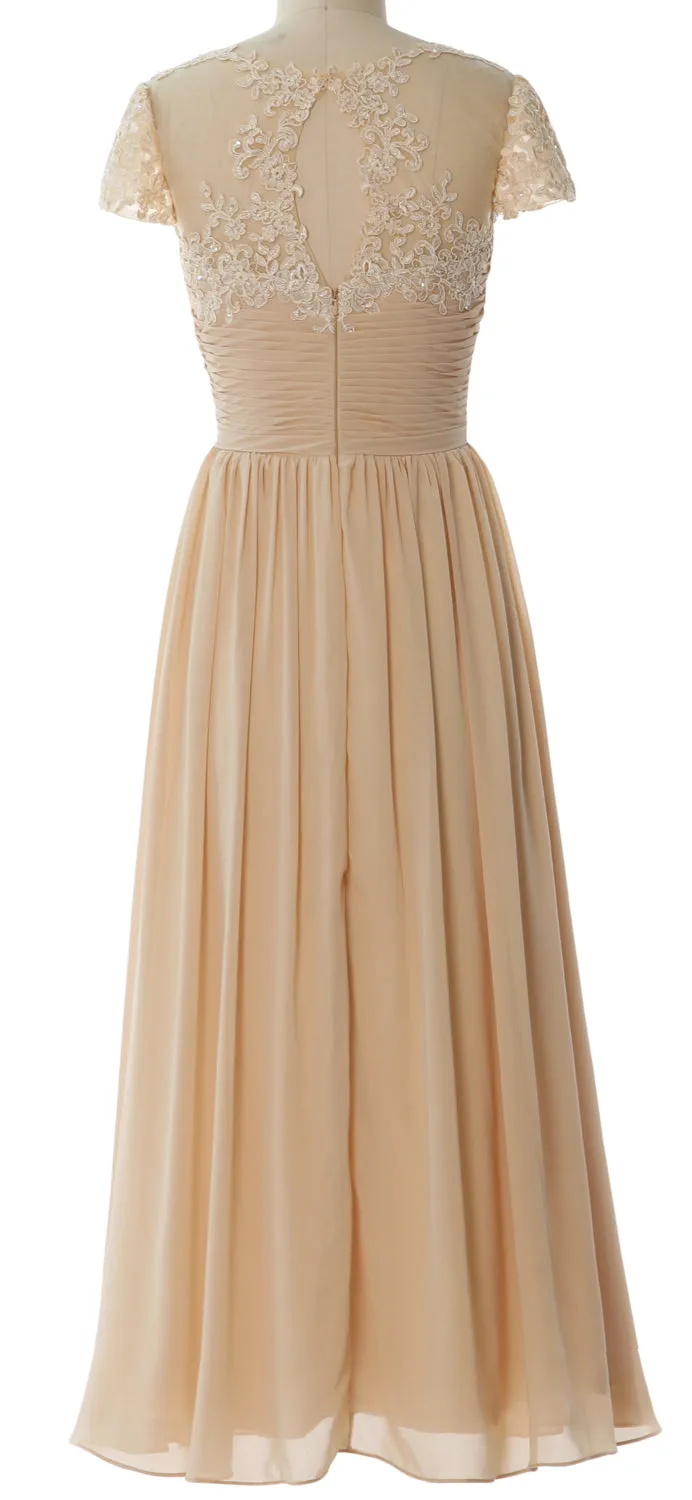 MACloth Women Lace Chiffon Evening Formal Gown Cap Sleeves Mother of Bride Dress