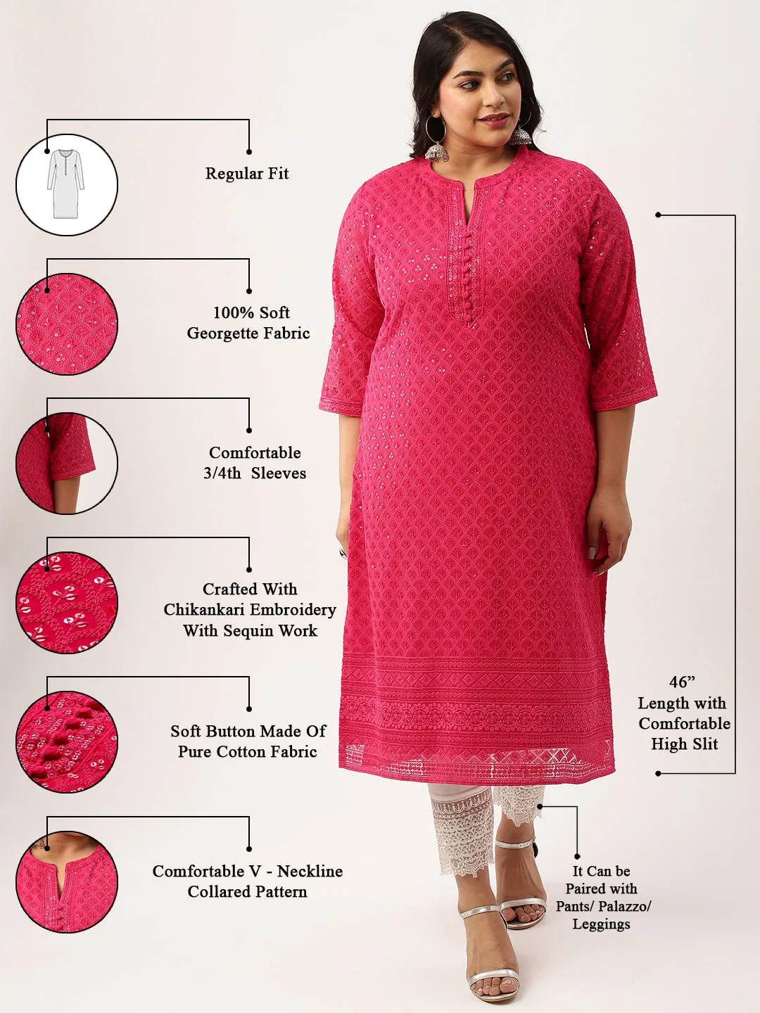 Magenta Georgette Mandarin Collar Neck 3/4th Sleeves Chikankari Embroidery Ethnic Wear Kurta for Women - ZOLA
