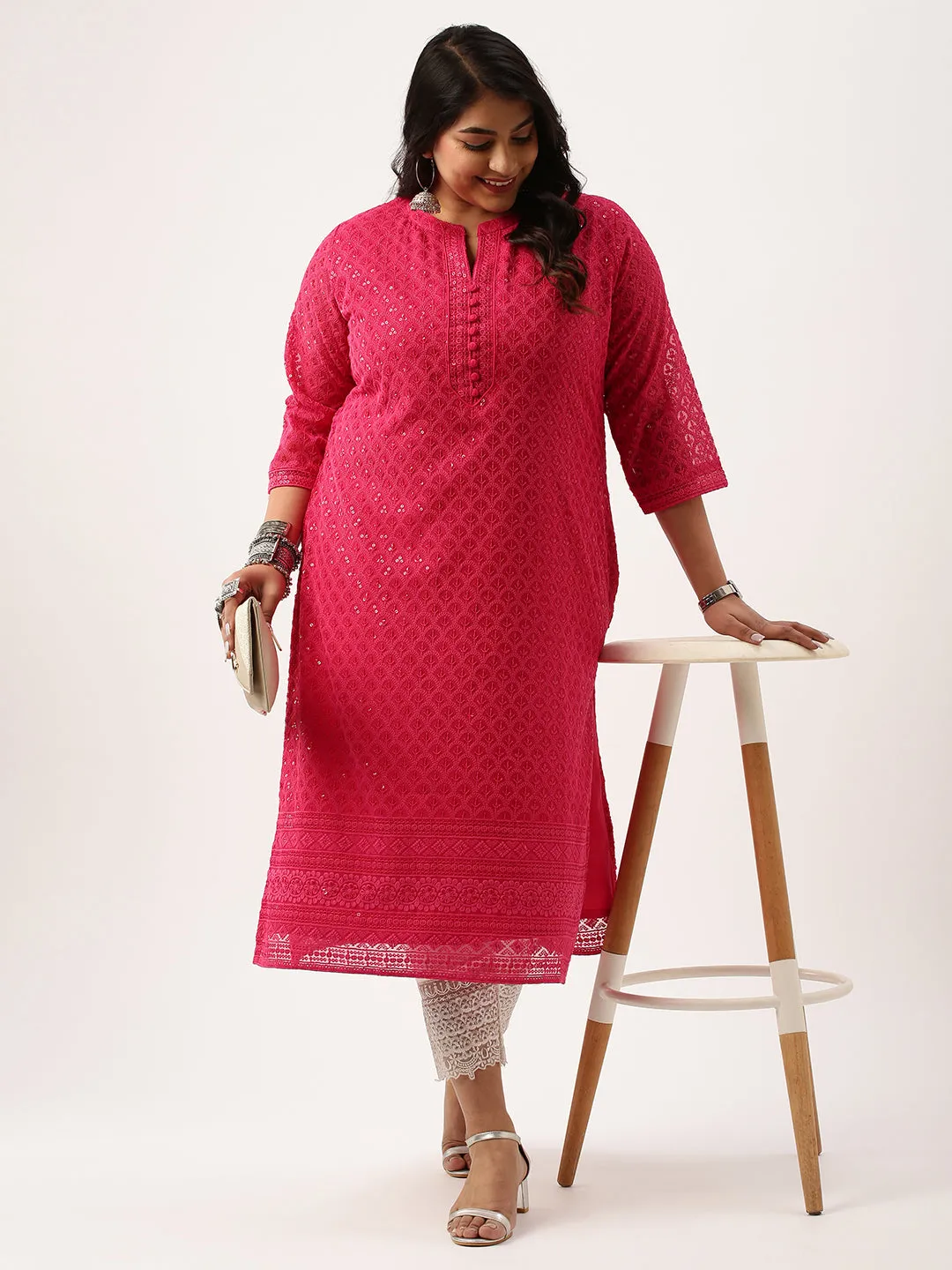 Magenta Georgette Mandarin Collar Neck 3/4th Sleeves Chikankari Embroidery Ethnic Wear Kurta for Women - ZOLA