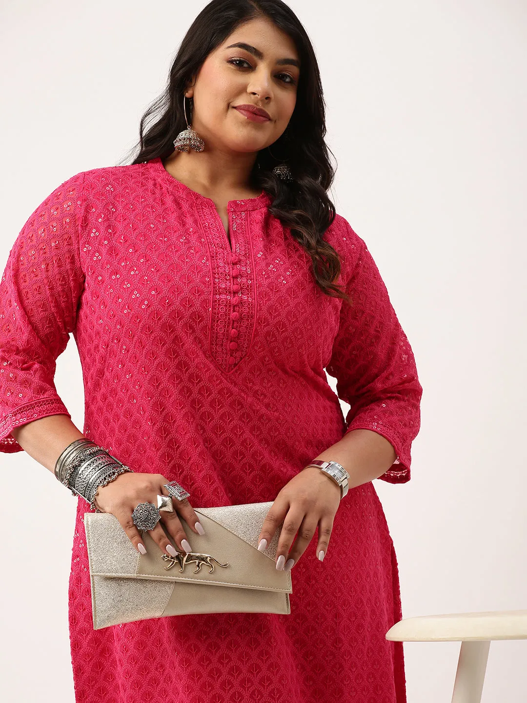 Magenta Georgette Mandarin Collar Neck 3/4th Sleeves Chikankari Embroidery Ethnic Wear Kurta for Women - ZOLA