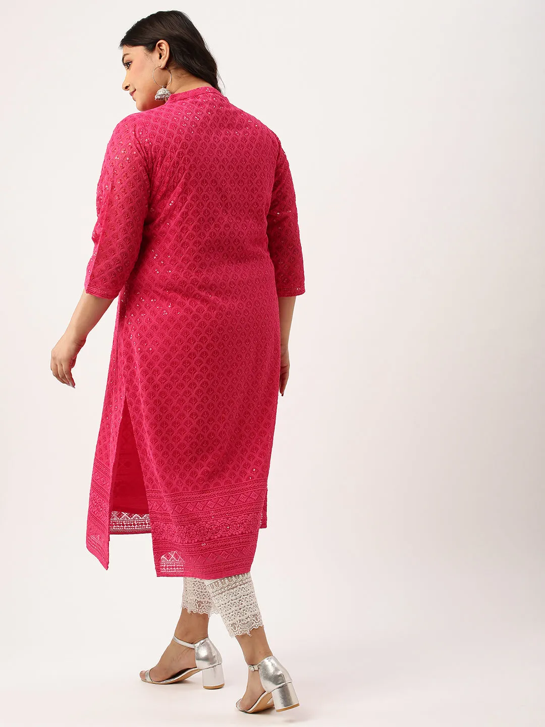 Magenta Georgette Mandarin Collar Neck 3/4th Sleeves Chikankari Embroidery Ethnic Wear Kurta for Women - ZOLA