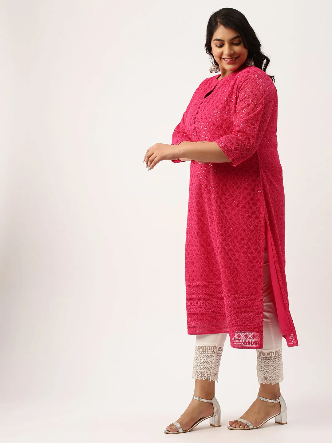 Magenta Georgette Mandarin Collar Neck 3/4th Sleeves Chikankari Embroidery Ethnic Wear Kurta for Women - ZOLA