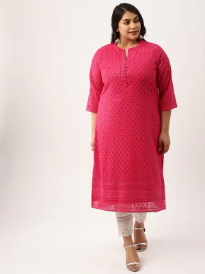 Magenta Georgette Mandarin Collar Neck 3/4th Sleeves Chikankari Embroidery Ethnic Wear Kurta for Women - ZOLA