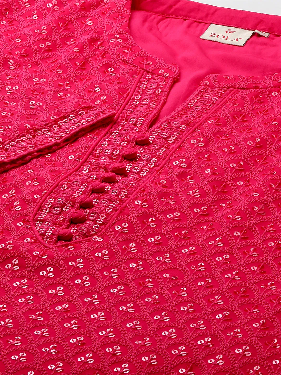 Magenta Georgette Mandarin Collar Neck 3/4th Sleeves Chikankari Embroidery Ethnic Wear Kurta for Women - ZOLA