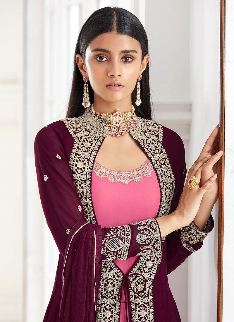 Magenta Zari Embellished Jacket Style Anarkali Suit