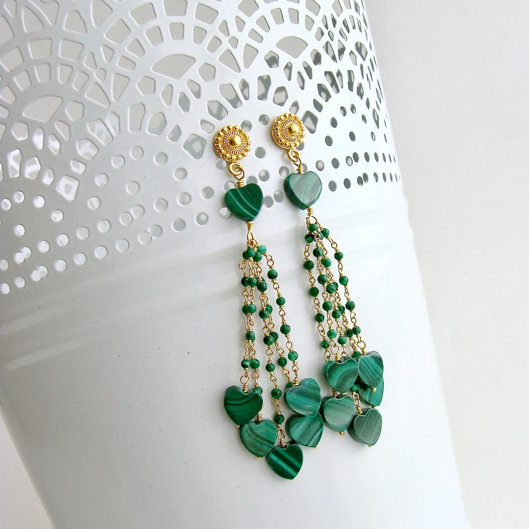 Malachite Hearts Duster Tassel Earrings -  Monique II Duster Earrings