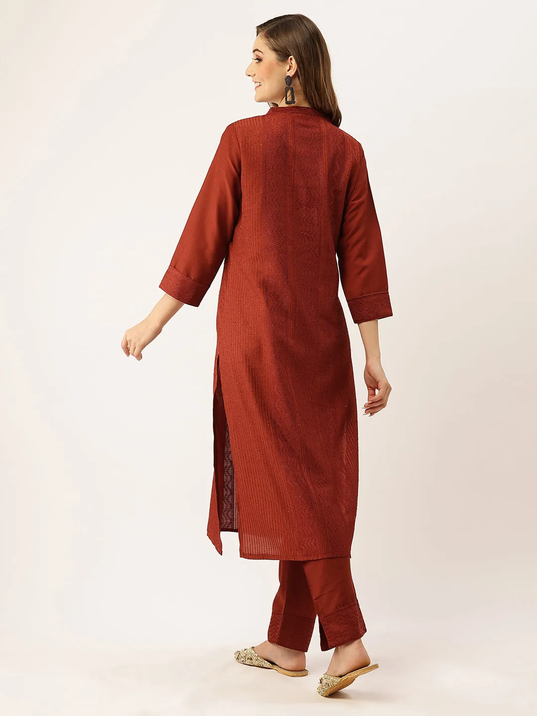 Mandarin Collar Chanderi Silk Fabric All Over Chikankari Embroidery With Sequin Work Rust Kurta Set For Women - ZOLA