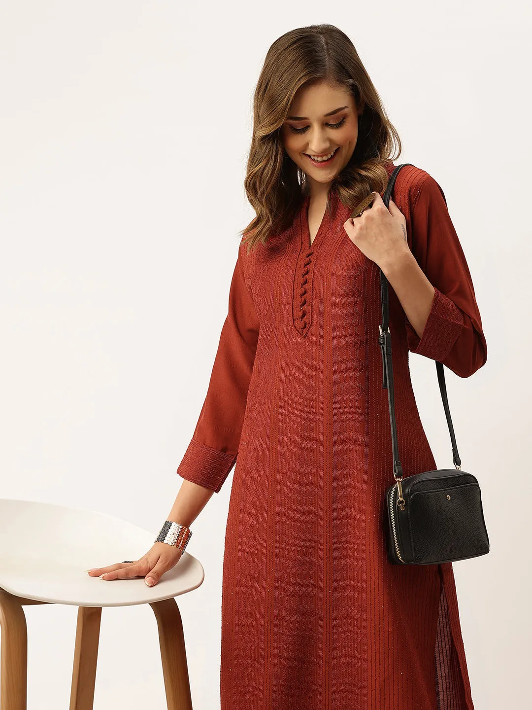 Mandarin Collar Chanderi Silk Fabric All Over Chikankari Embroidery With Sequin Work Rust Kurta Set For Women - ZOLA
