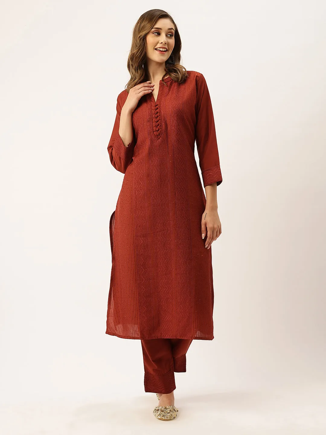 Mandarin Collar Chanderi Silk Fabric All Over Chikankari Embroidery With Sequin Work Rust Kurta Set For Women - ZOLA