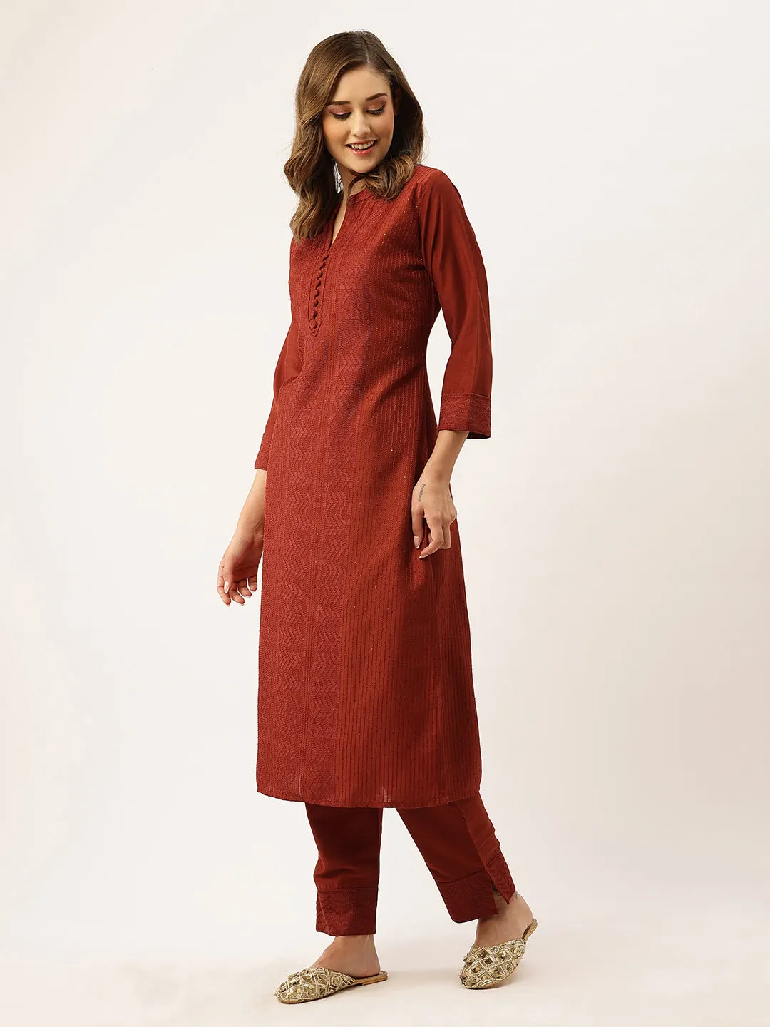 Mandarin Collar Chanderi Silk Fabric All Over Chikankari Embroidery With Sequin Work Rust Kurta Set For Women - ZOLA