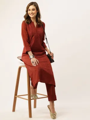 Mandarin Collar Chanderi Silk Fabric All Over Chikankari Embroidery With Sequin Work Rust Kurta Set For Women - ZOLA