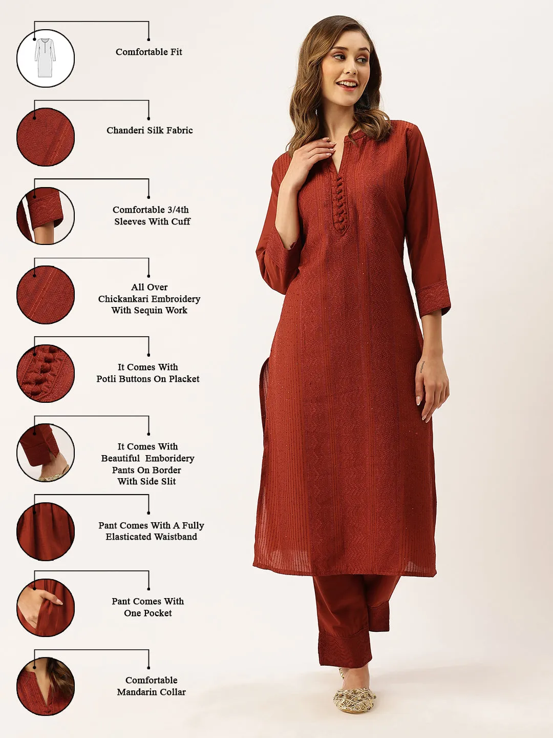 Mandarin Collar Chanderi Silk Fabric All Over Chikankari Embroidery With Sequin Work Rust Kurta Set For Women - ZOLA