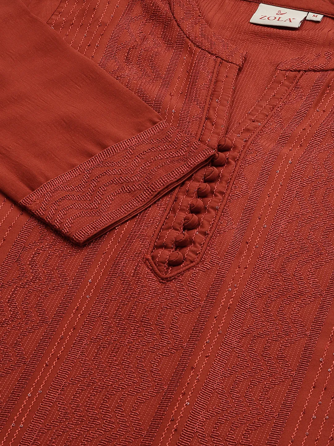 Mandarin Collar Chanderi Silk Fabric All Over Chikankari Embroidery With Sequin Work Rust Kurta Set For Women - ZOLA