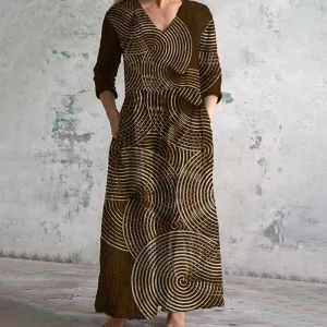 Manuela - Long Sleeve Vintage Ethnic Print Dress