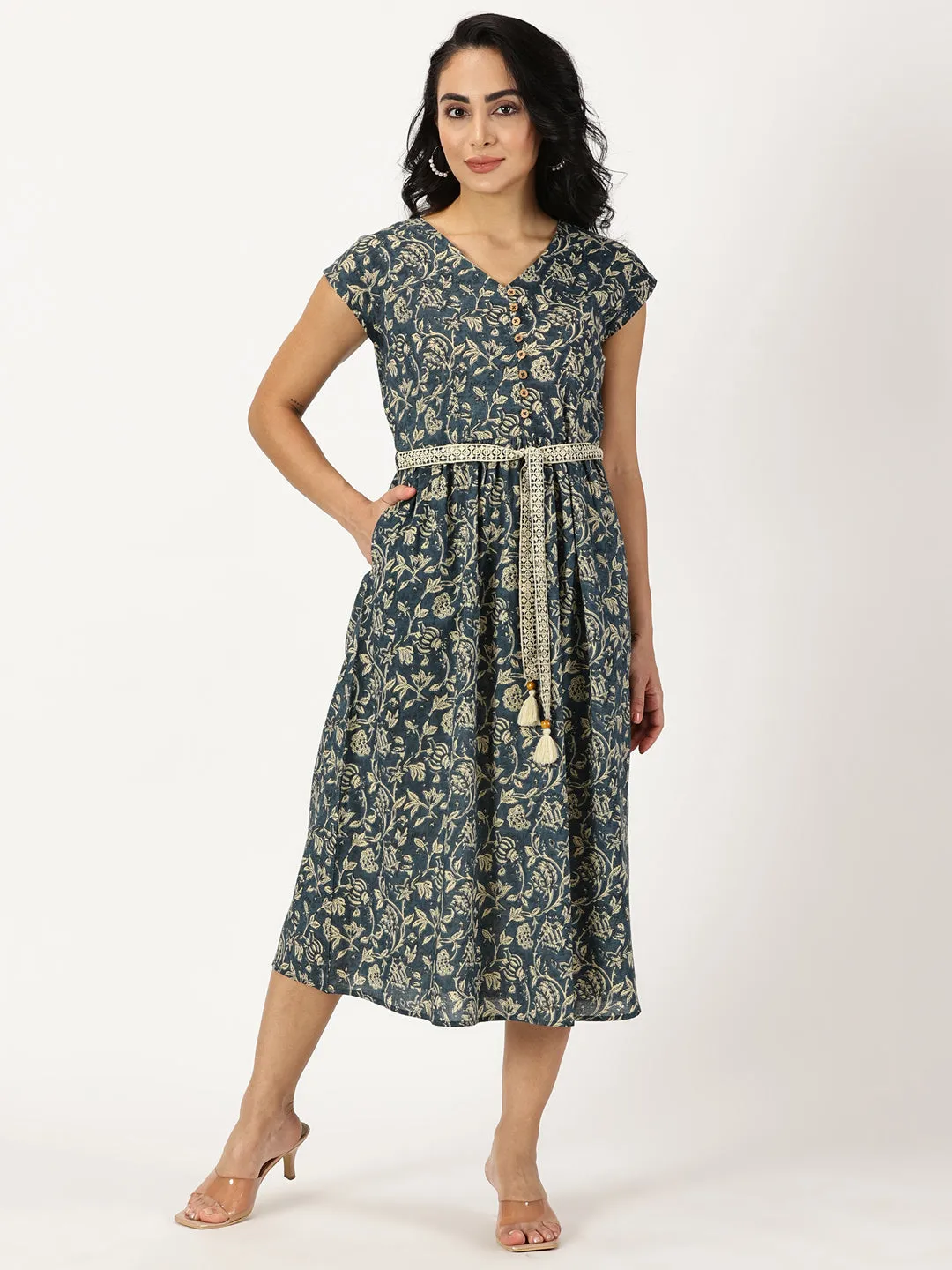 Marble Blue Ethnic Floral Print Dress with Crochet Waist Belt