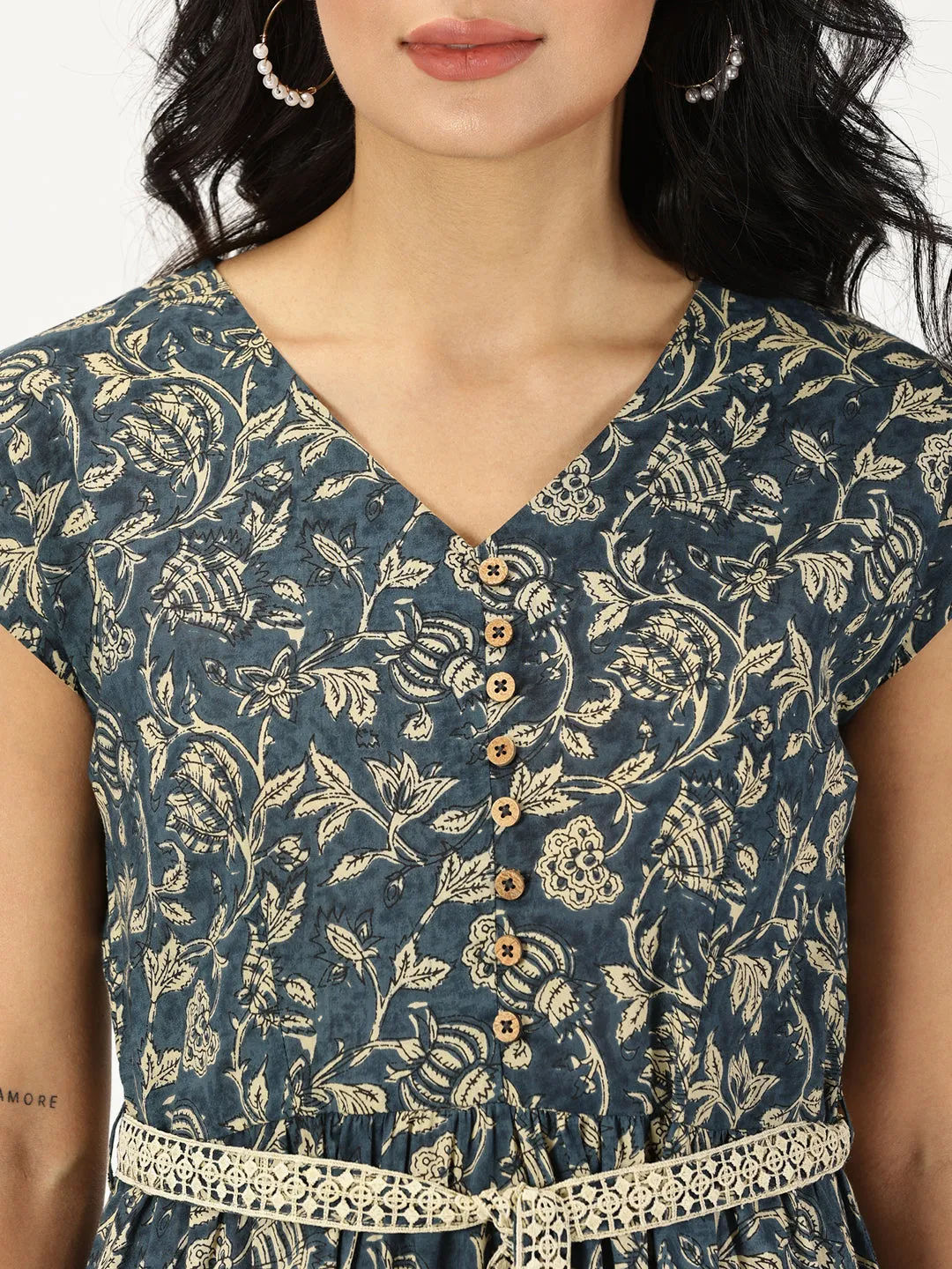 Marble Blue Ethnic Floral Print Dress with Crochet Waist Belt