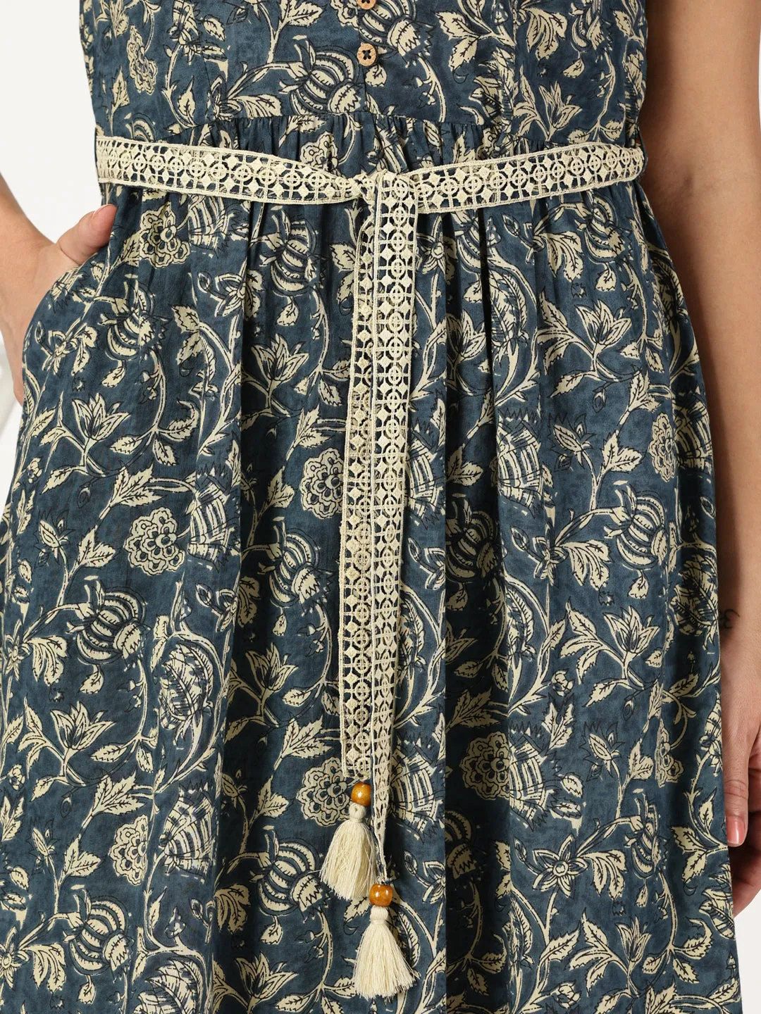 Marble Blue Ethnic Floral Print Dress with Crochet Waist Belt