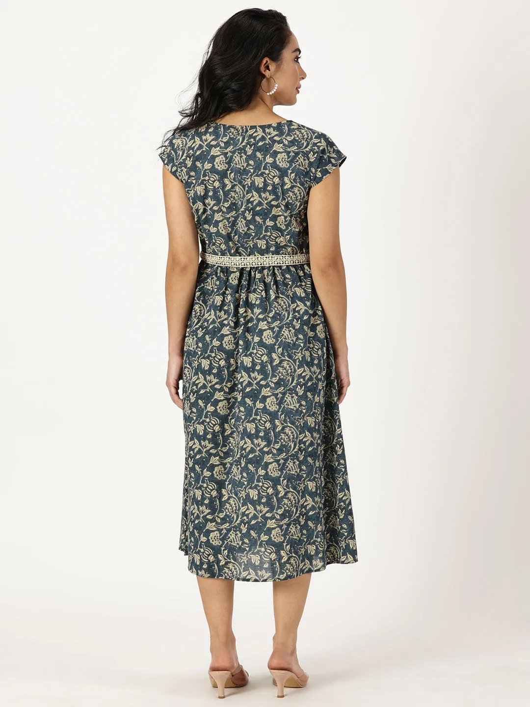 Marble Blue Ethnic Floral Print Dress with Crochet Waist Belt
