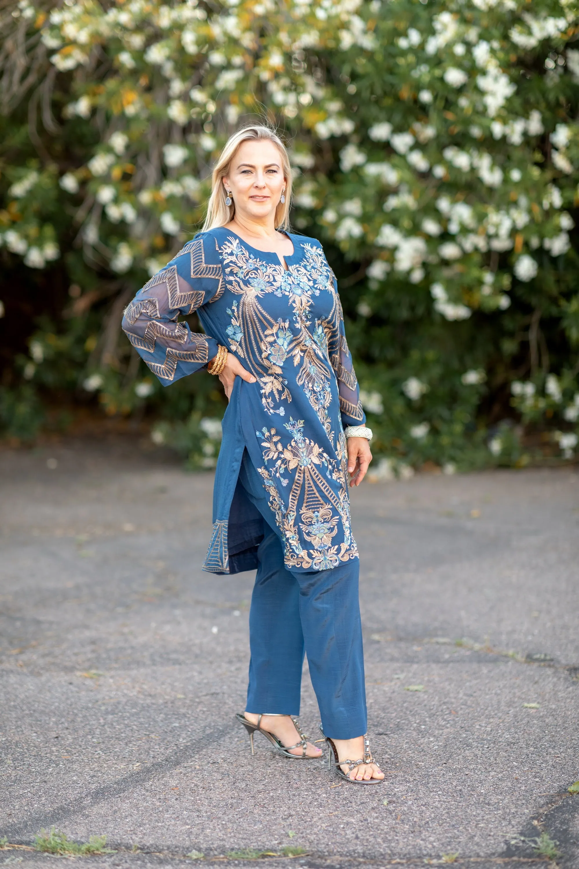 Marlin Blue Chiffon Salwar Kameez Suit with Embroidery
