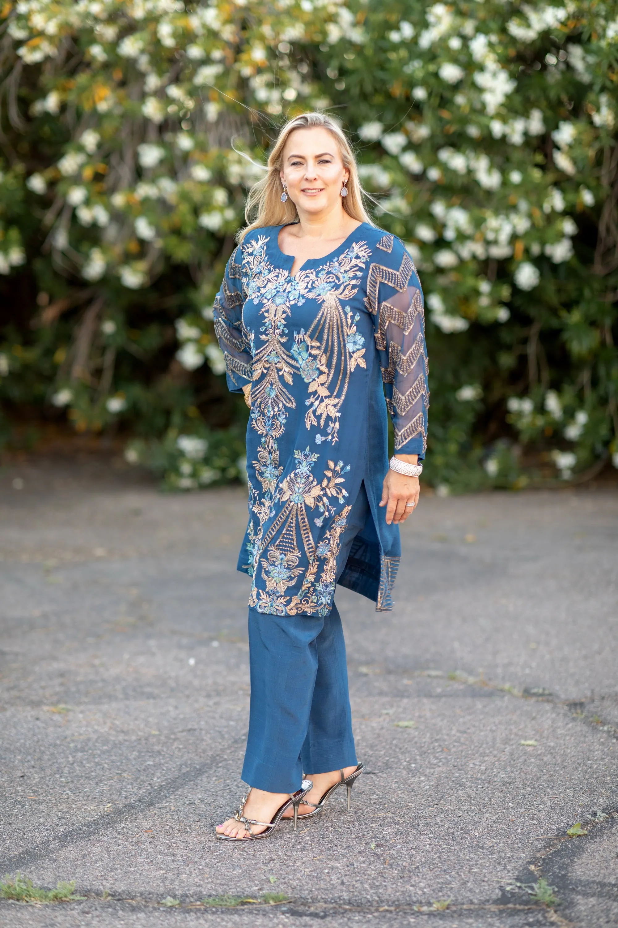 Marlin Blue Chiffon Salwar Kameez Suit with Embroidery