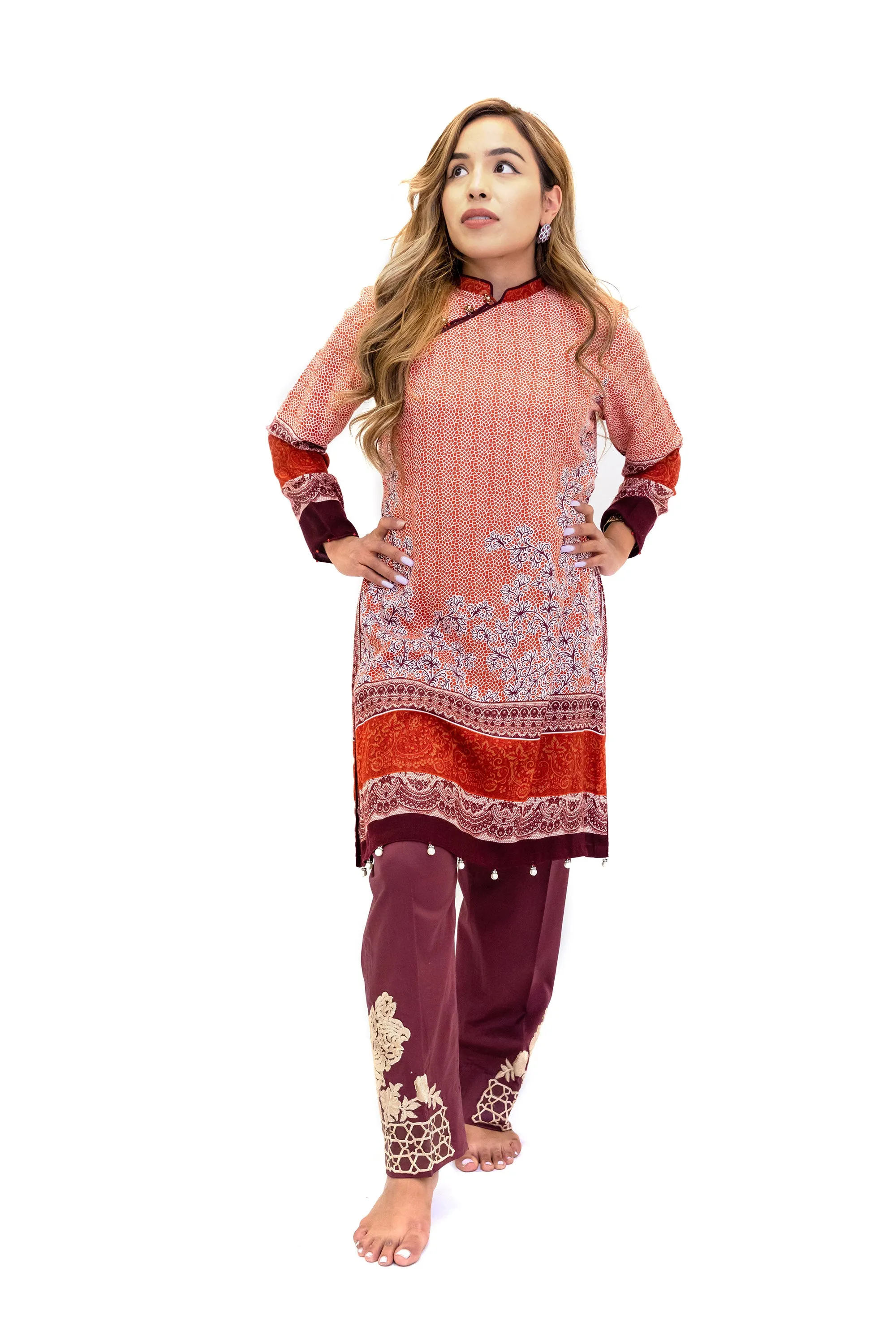Maroon Cotton Pants with Embroidery