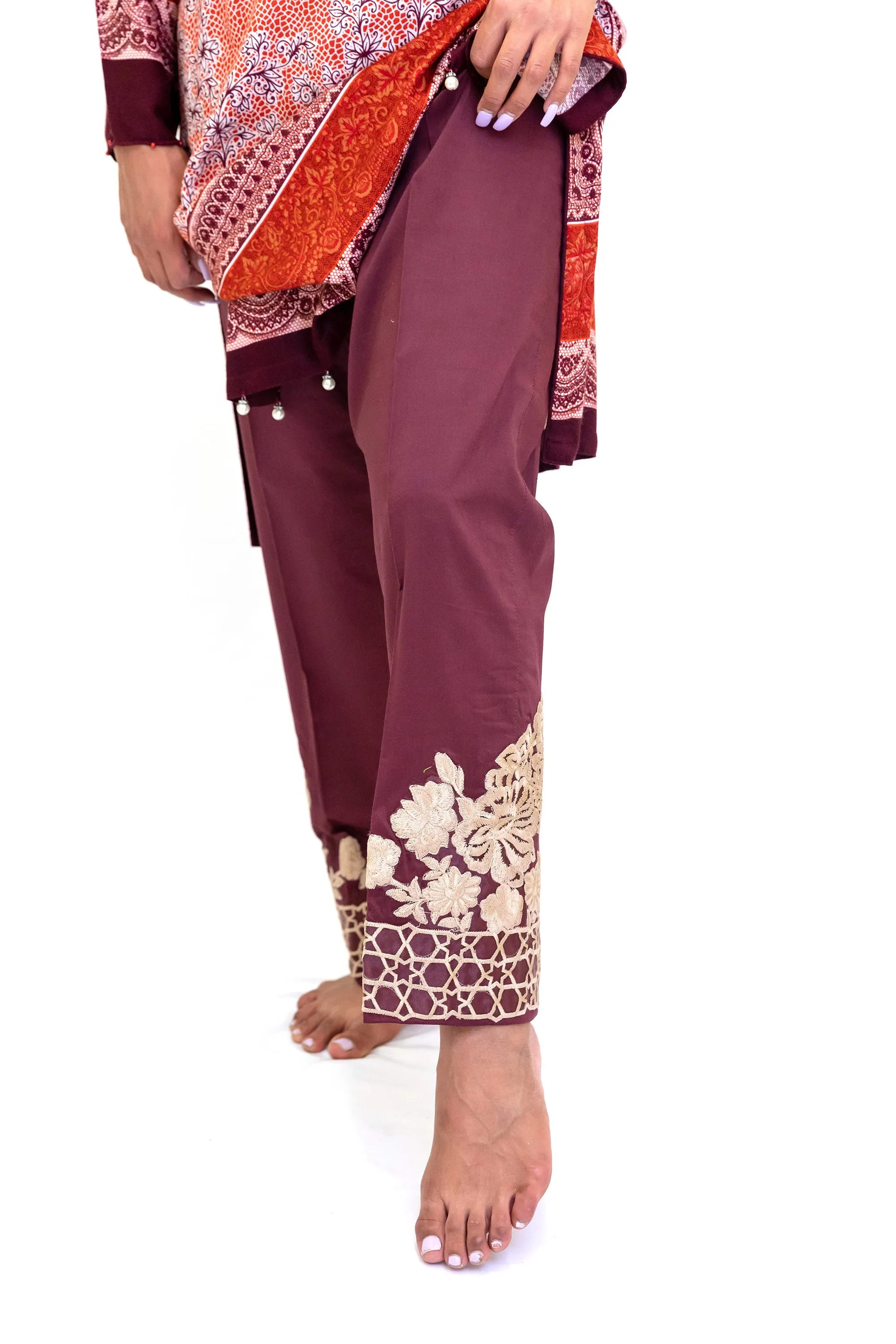 Maroon Cotton Pants with Embroidery