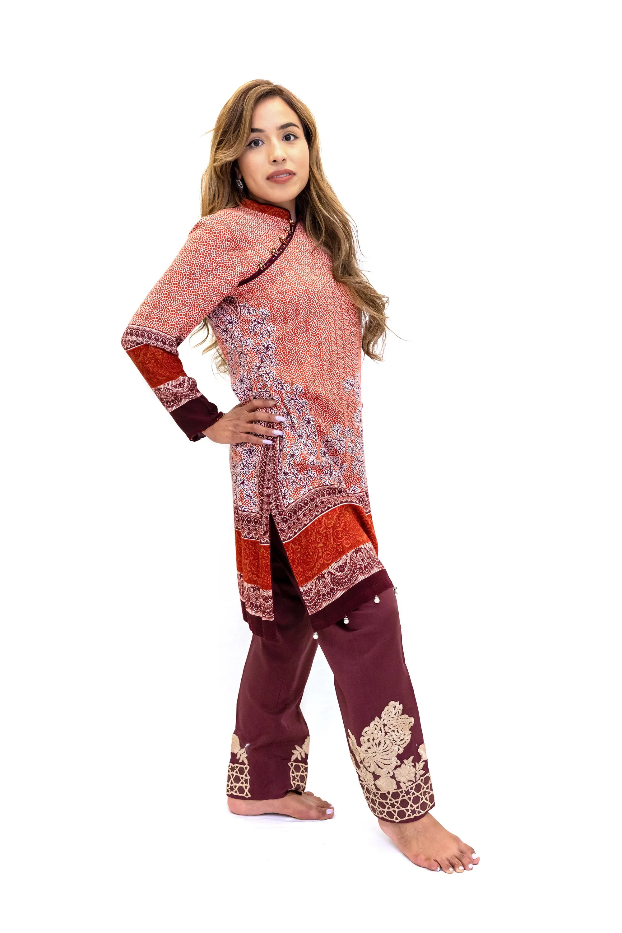 Maroon Cotton Pants with Embroidery