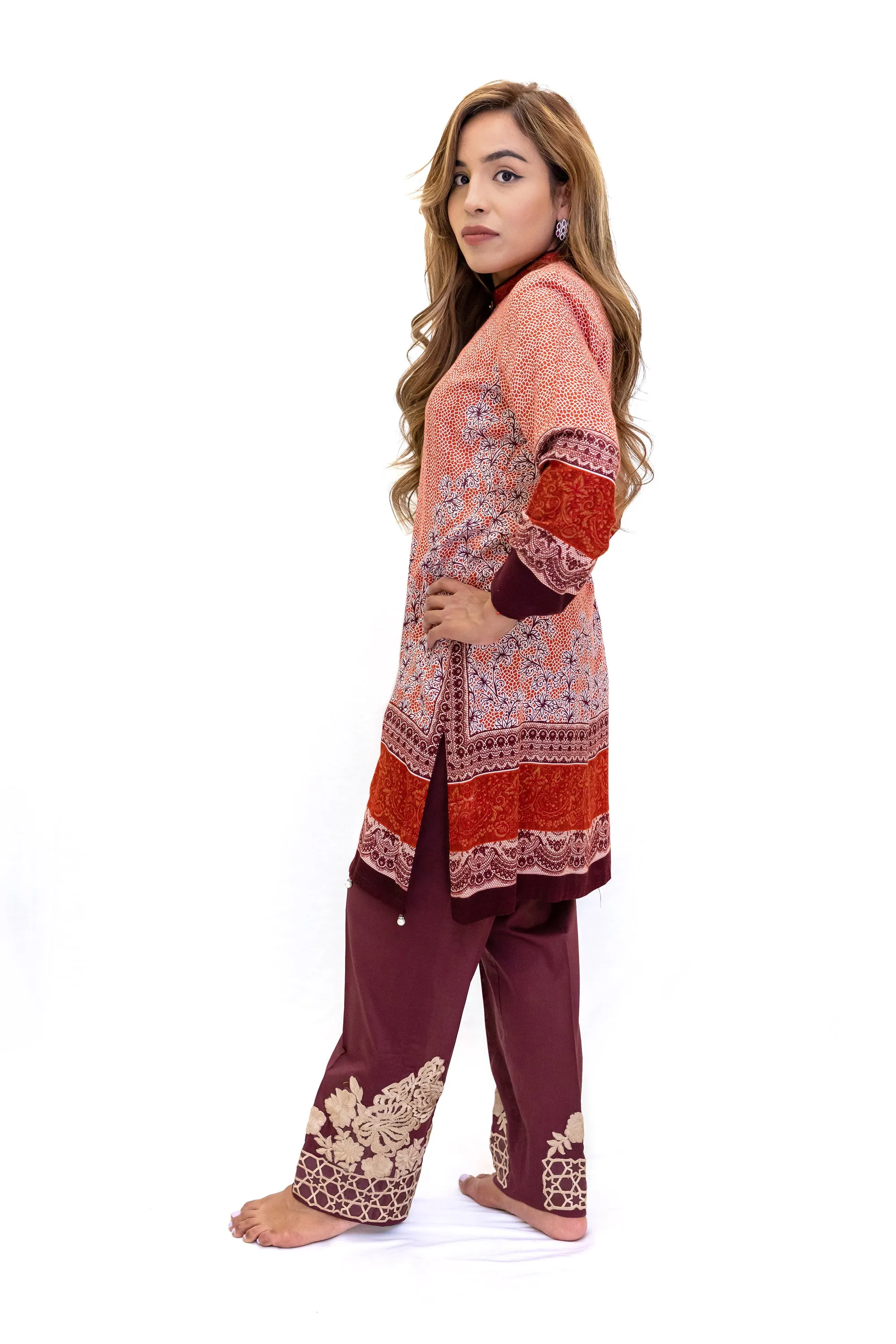 Maroon Cotton Pants with Embroidery