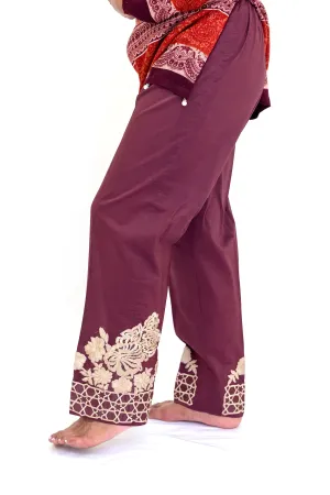 Maroon Cotton Pants with Embroidery