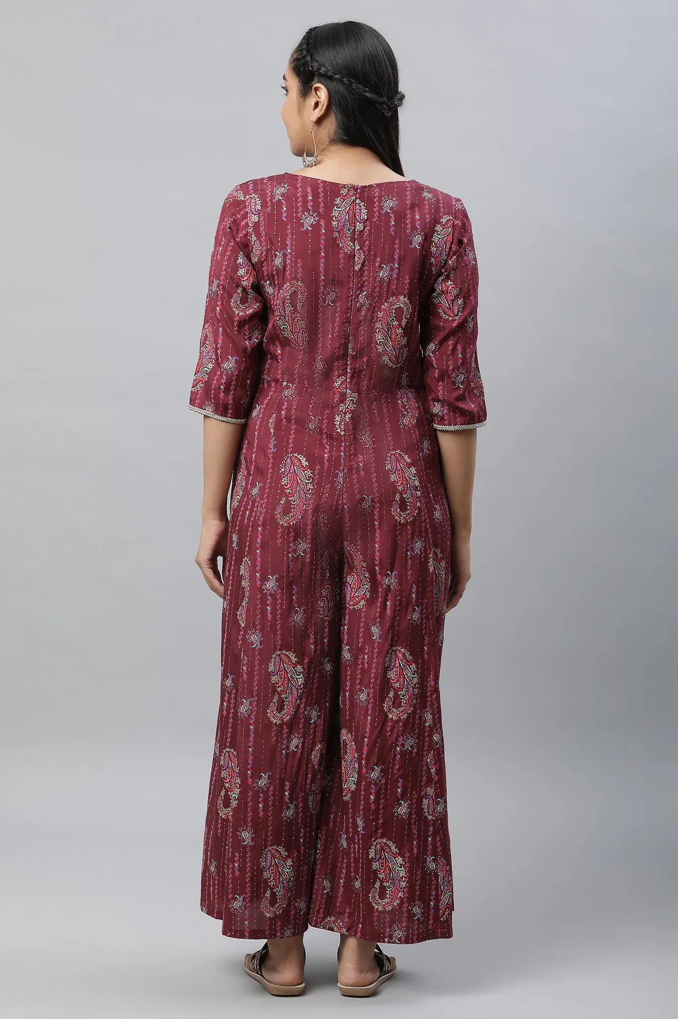 Maroon Embellished Festive Jumpsuit with Attached Sheer Layer