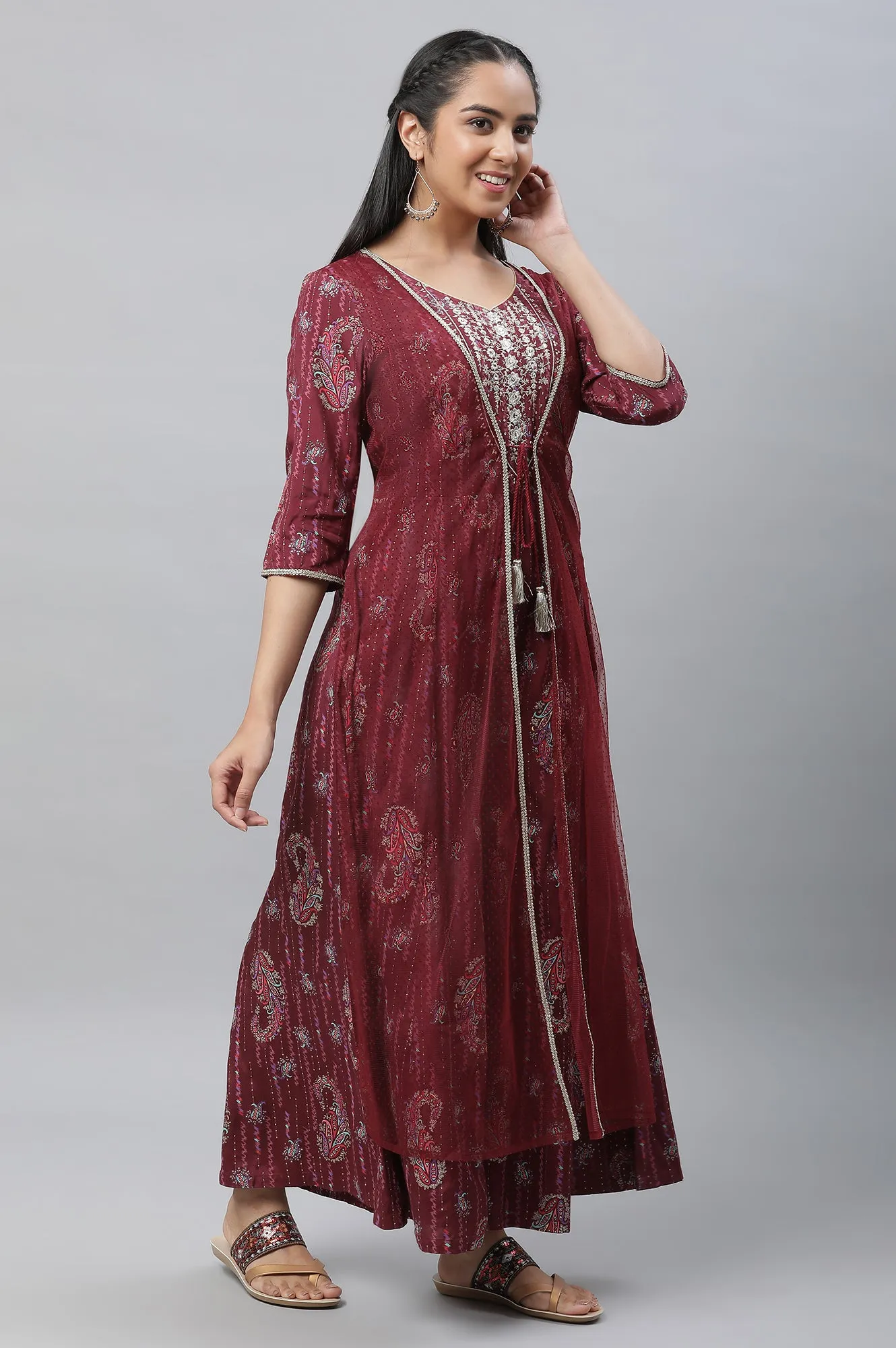 Maroon Embellished Festive Jumpsuit with Attached Sheer Layer