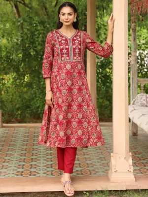 Maroon Ethnic Motifs Printed Cotton Kurta with Neck Embroidery