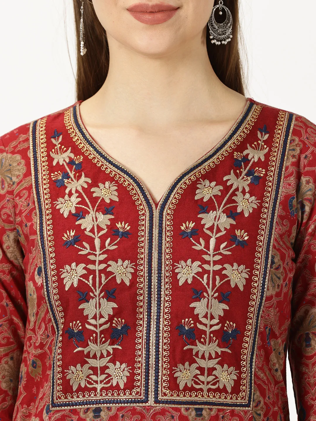 Maroon Ethnic Motifs Printed Cotton Kurta with Neck Embroidery