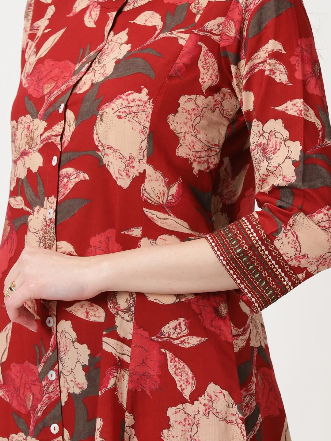 Maroon Floral Print Cotton Button-Down Kurta