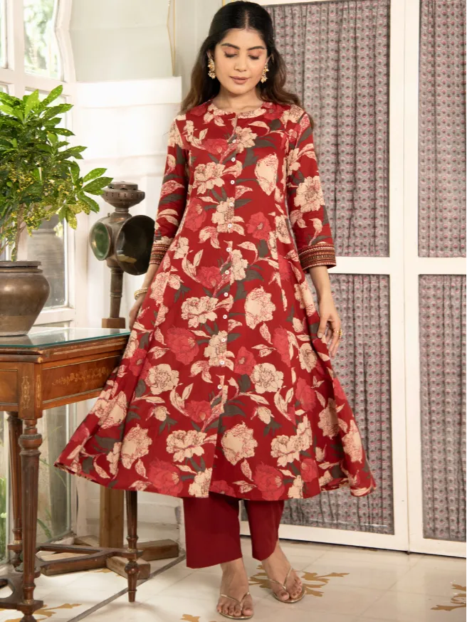 Maroon Floral Print Cotton Button-Down Kurta