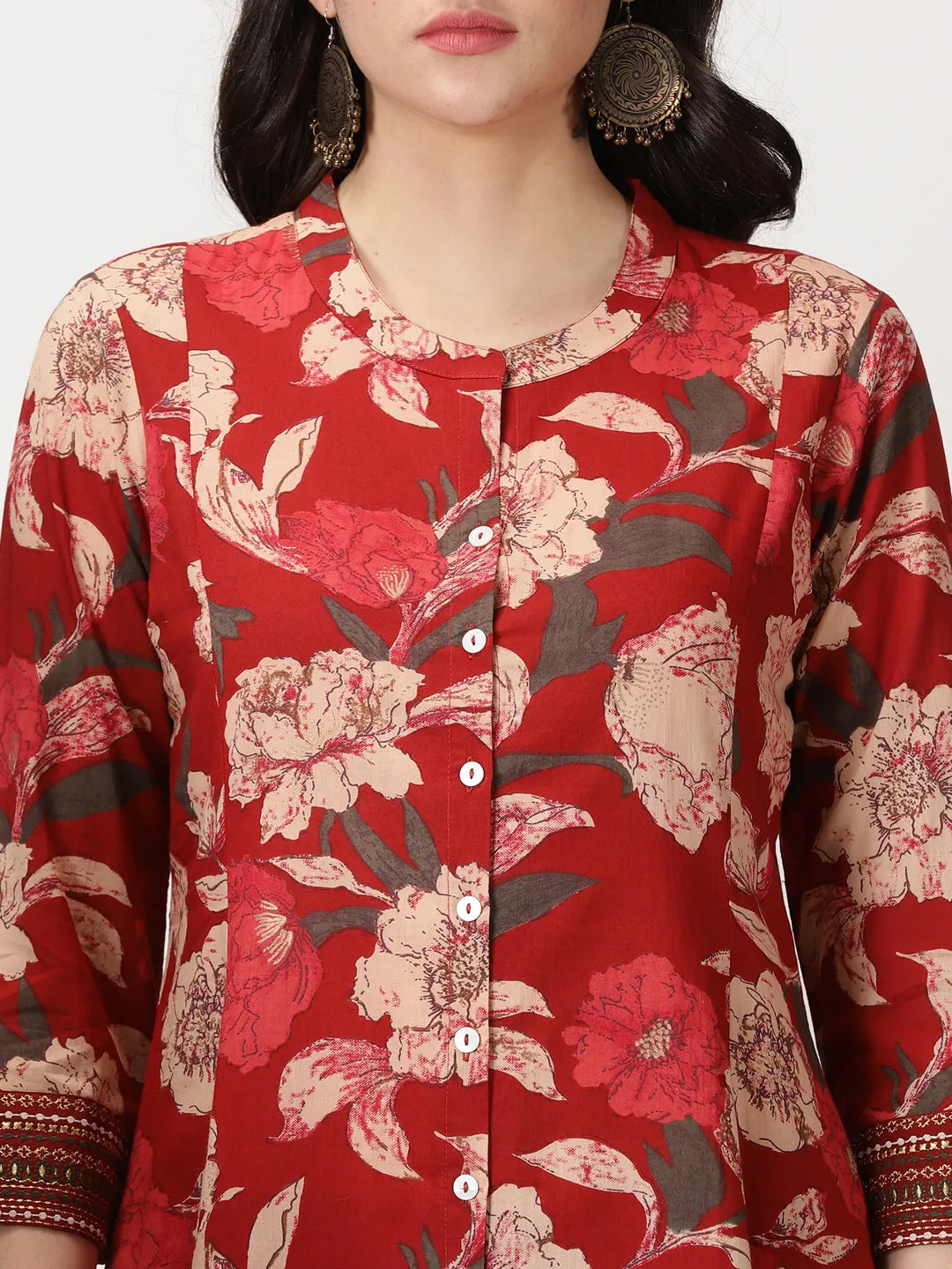 Maroon Floral Print Cotton Button-Down Kurta