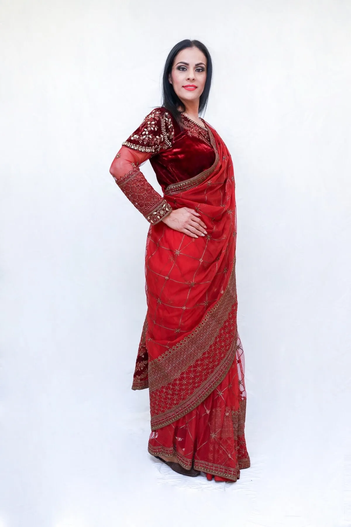 Maroon Net Sari (Saree) - Maria B.