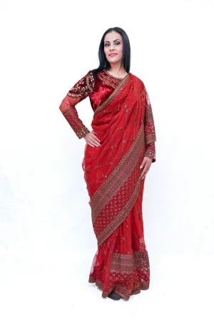 Maroon Net Sari (Saree) - Maria B.