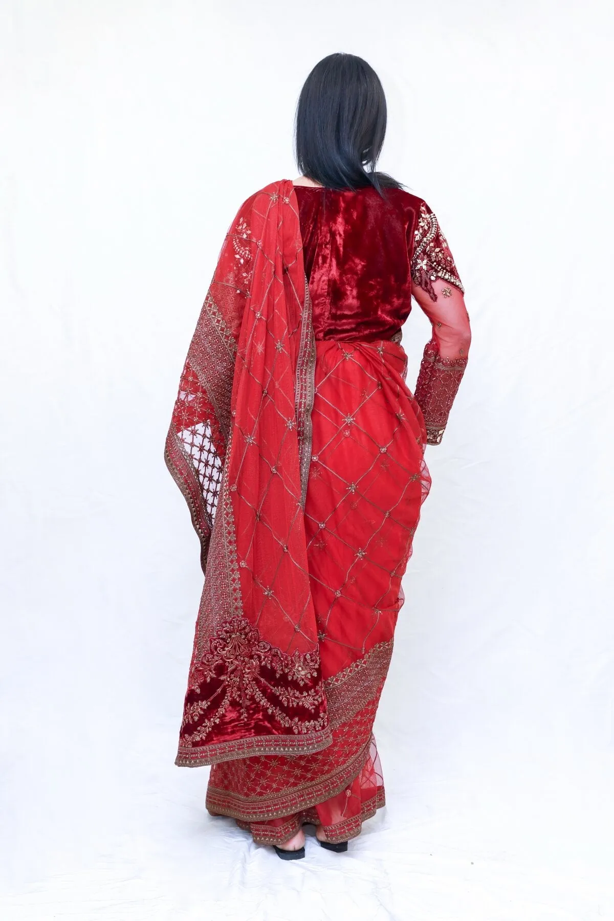 Maroon Net Sari (Saree) - Maria B.