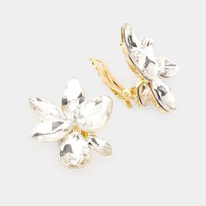 Marquise Teardrop Clear Cluster Clip on Gold Evening Earrings