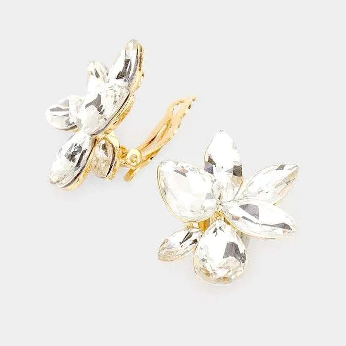 Marquise Teardrop Clear Cluster Clip on Gold Evening Earrings